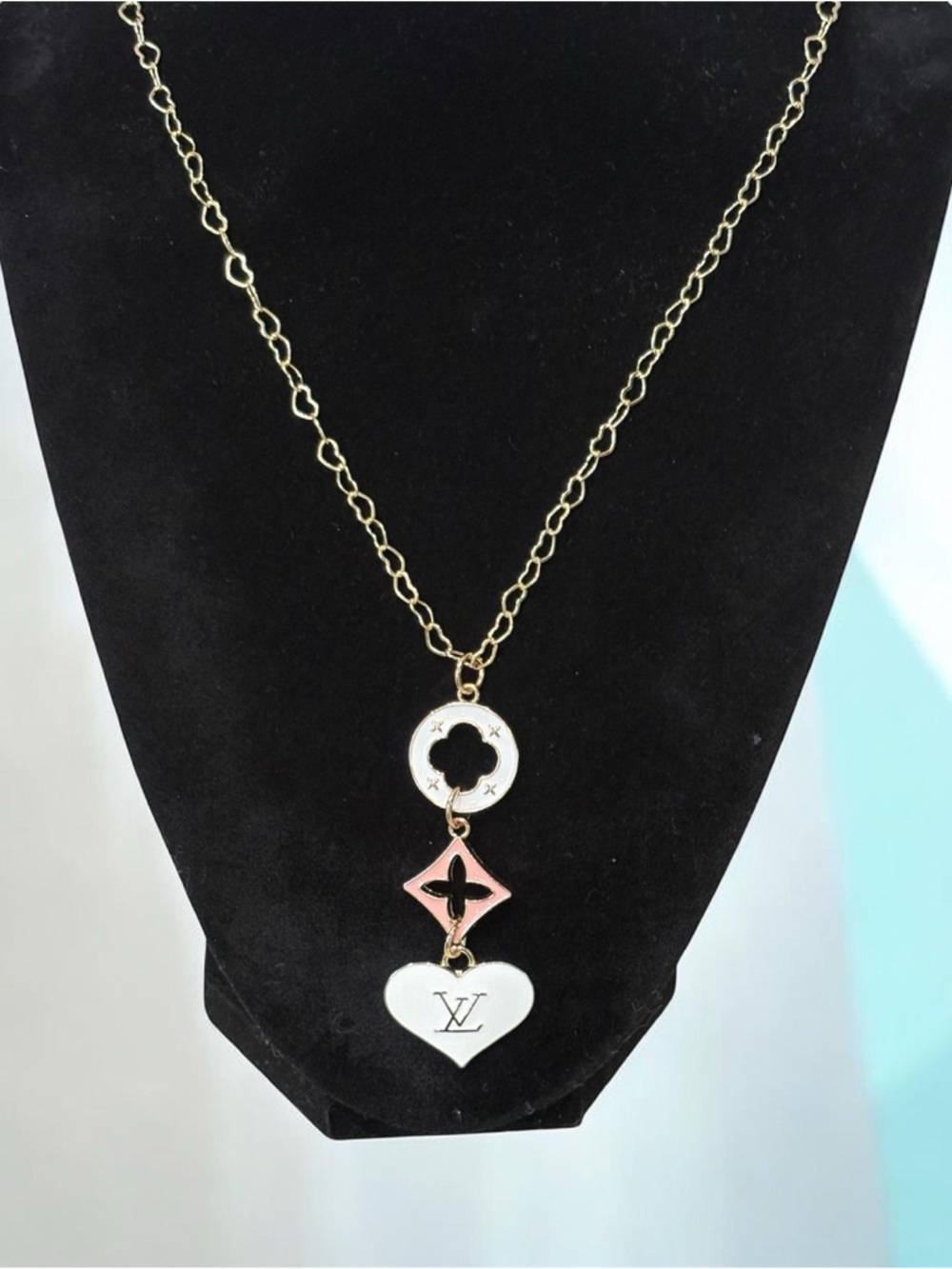 Upcycled Stamped Gold Necklace with Pink and White Charms